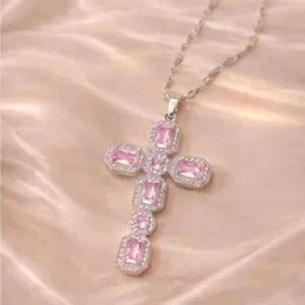 Silver Pink Diamond Cross Necklace